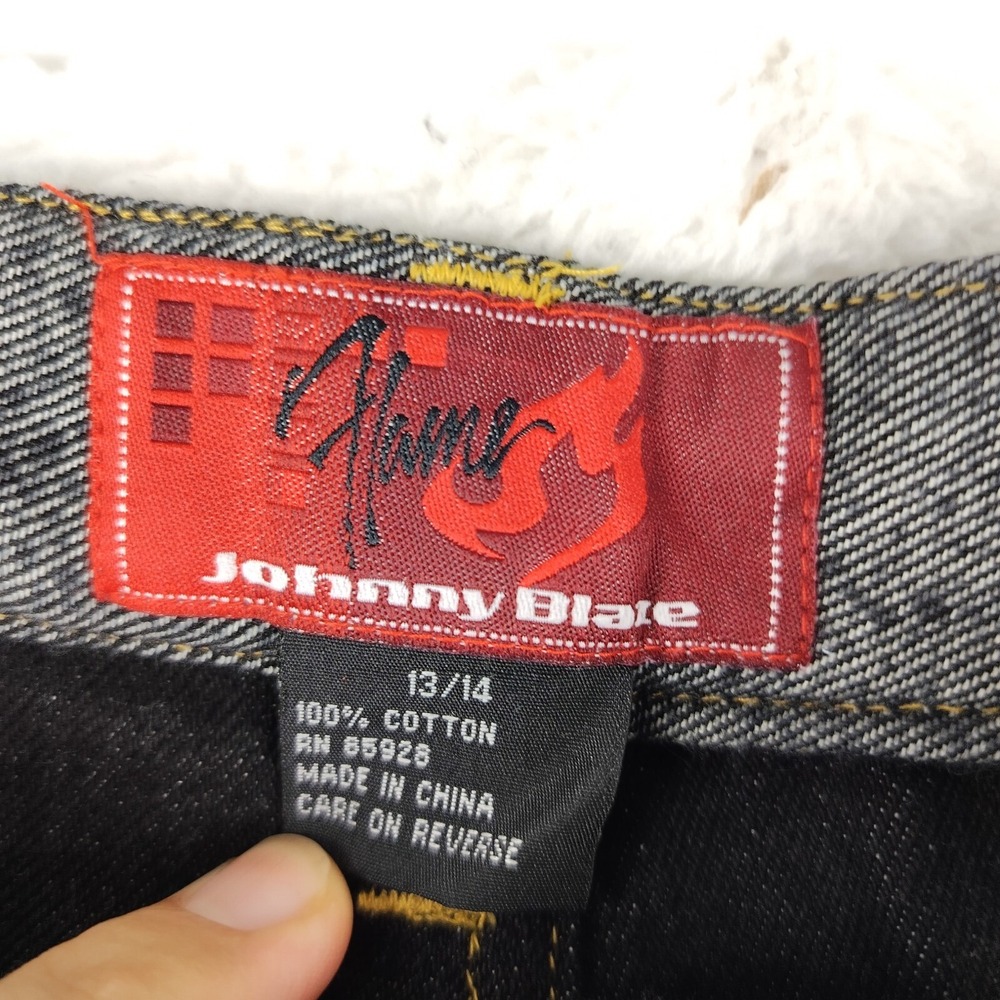 VTG Johnny Blaze Flame Flare Jeans Women's Size 13 W33 x L33 Gold Splatter Y2K - Picture 3 of 8
